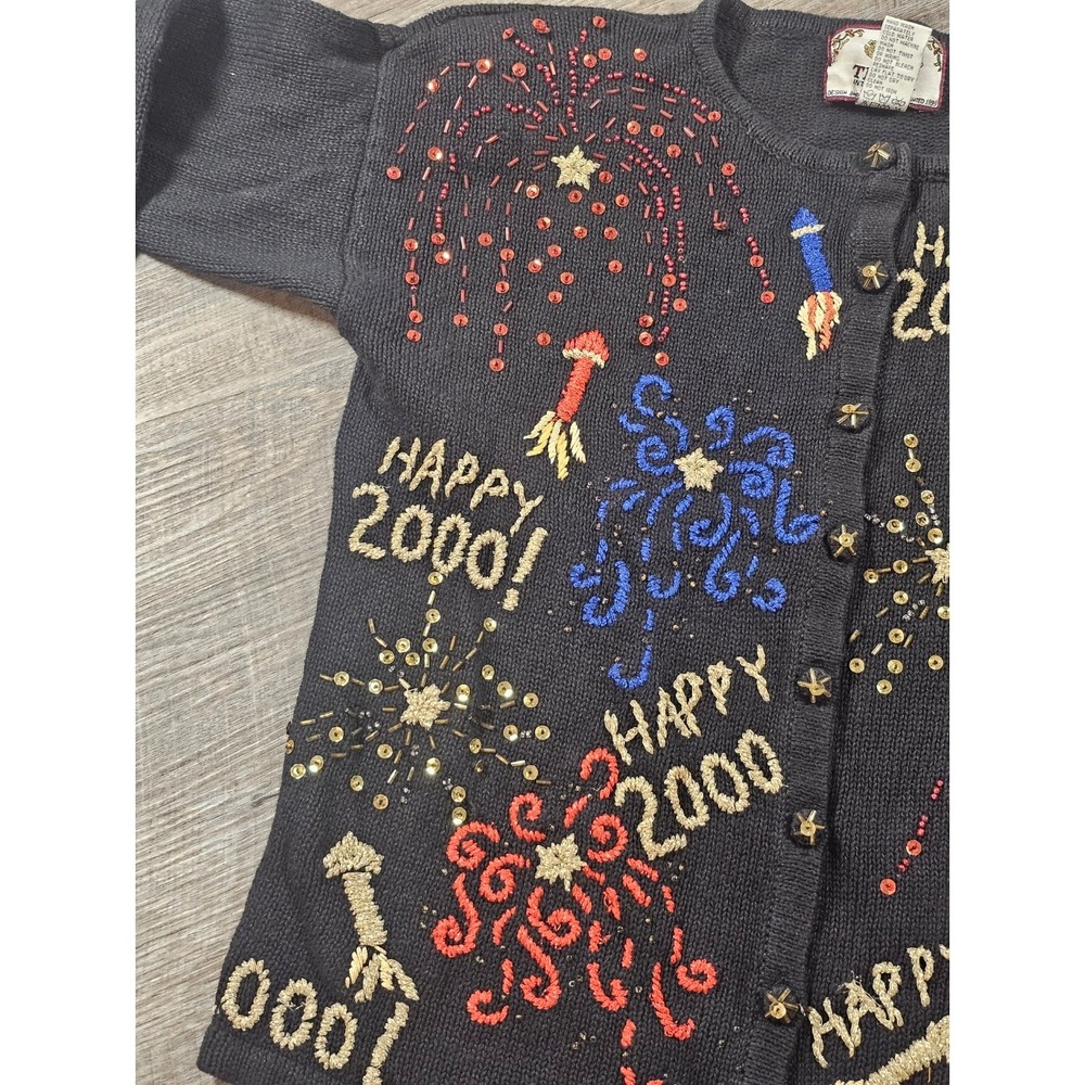 Vintage Y2K Happy 2000 Millennium Fireworks Cardigan Sweater Beaded Sequin Party - Picture 6 of 10